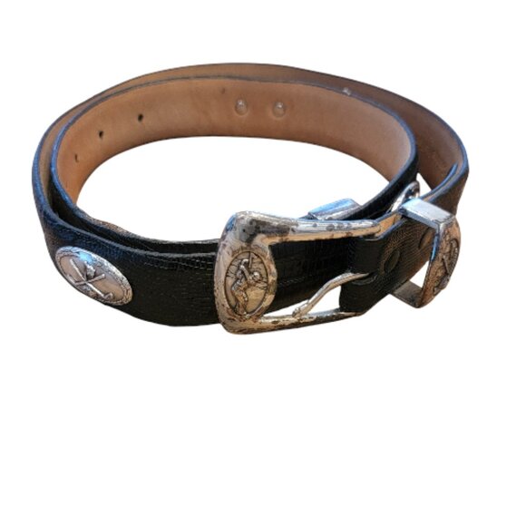 Mens Black Leather Golf Belt Golf Swing Buckle Club Medallions - Picture 1 of 12